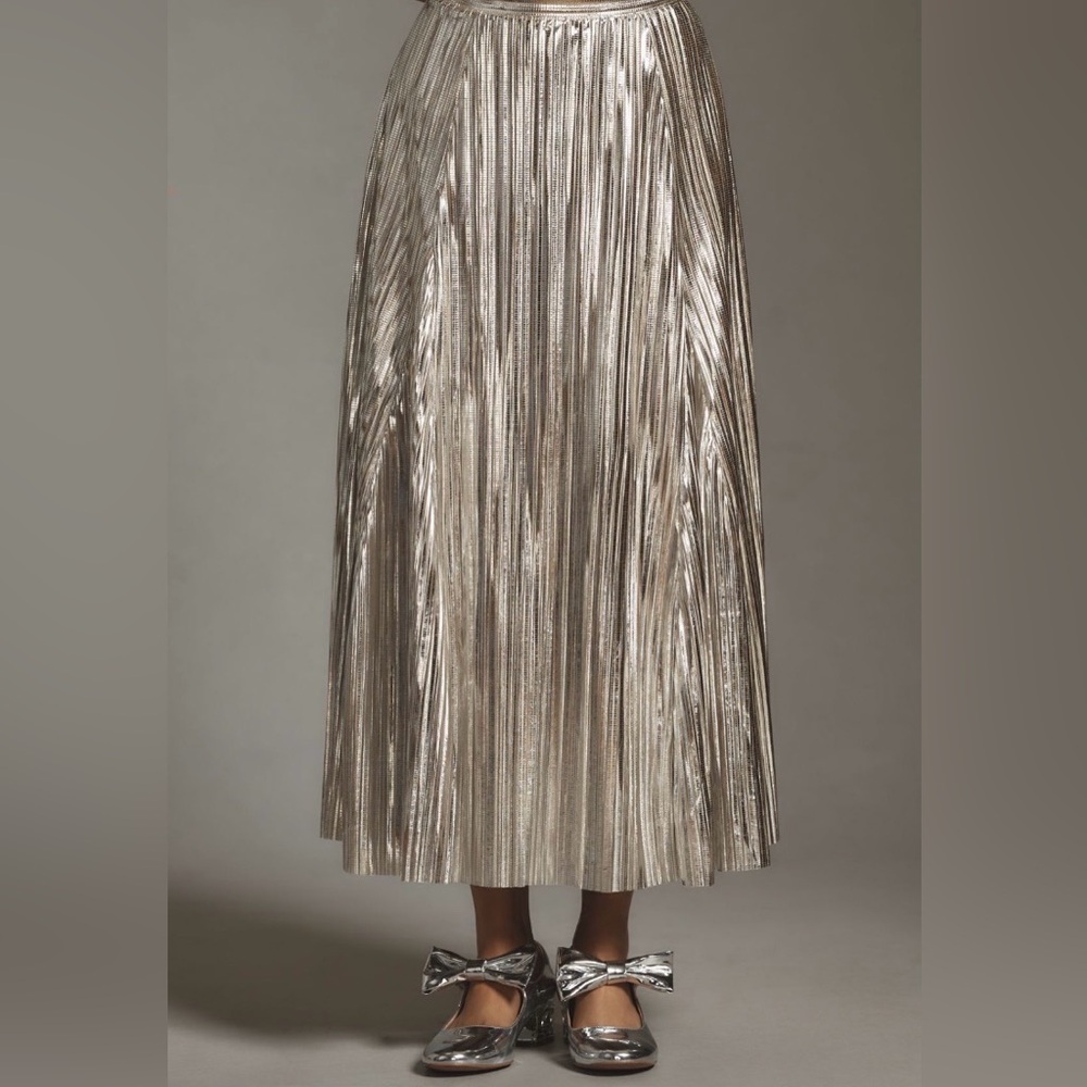 Anthropologie Maeve Metallic Pleated Silver Midi Skirt